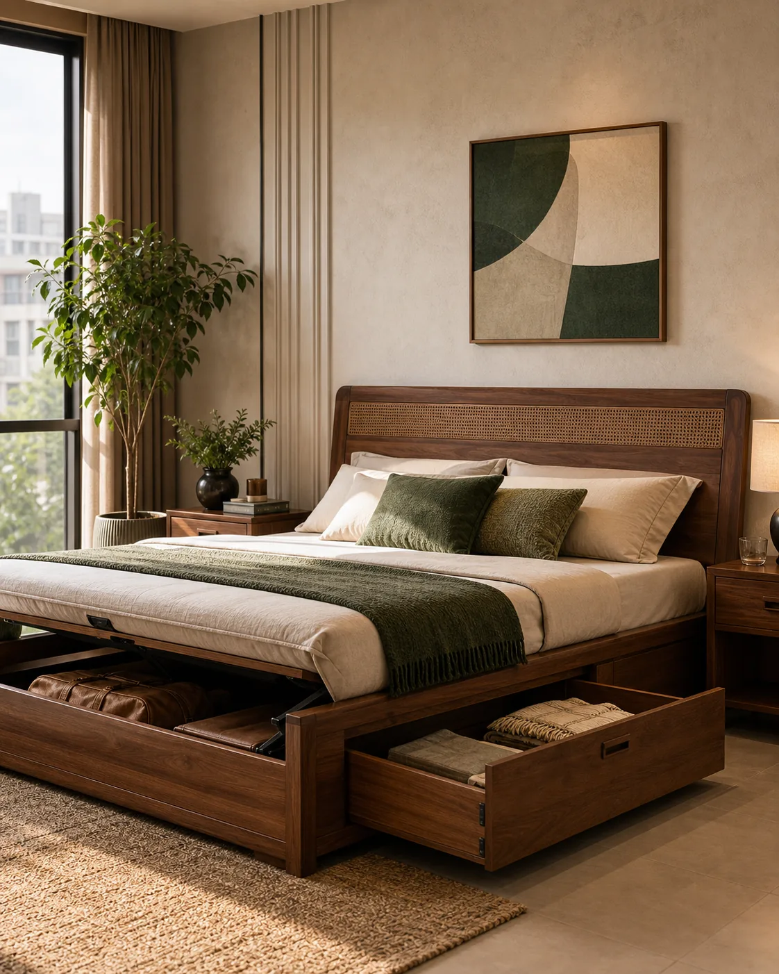 Icon Furniture storage bed with monsoon-safe woodwork in an Ahmedabad bedroom