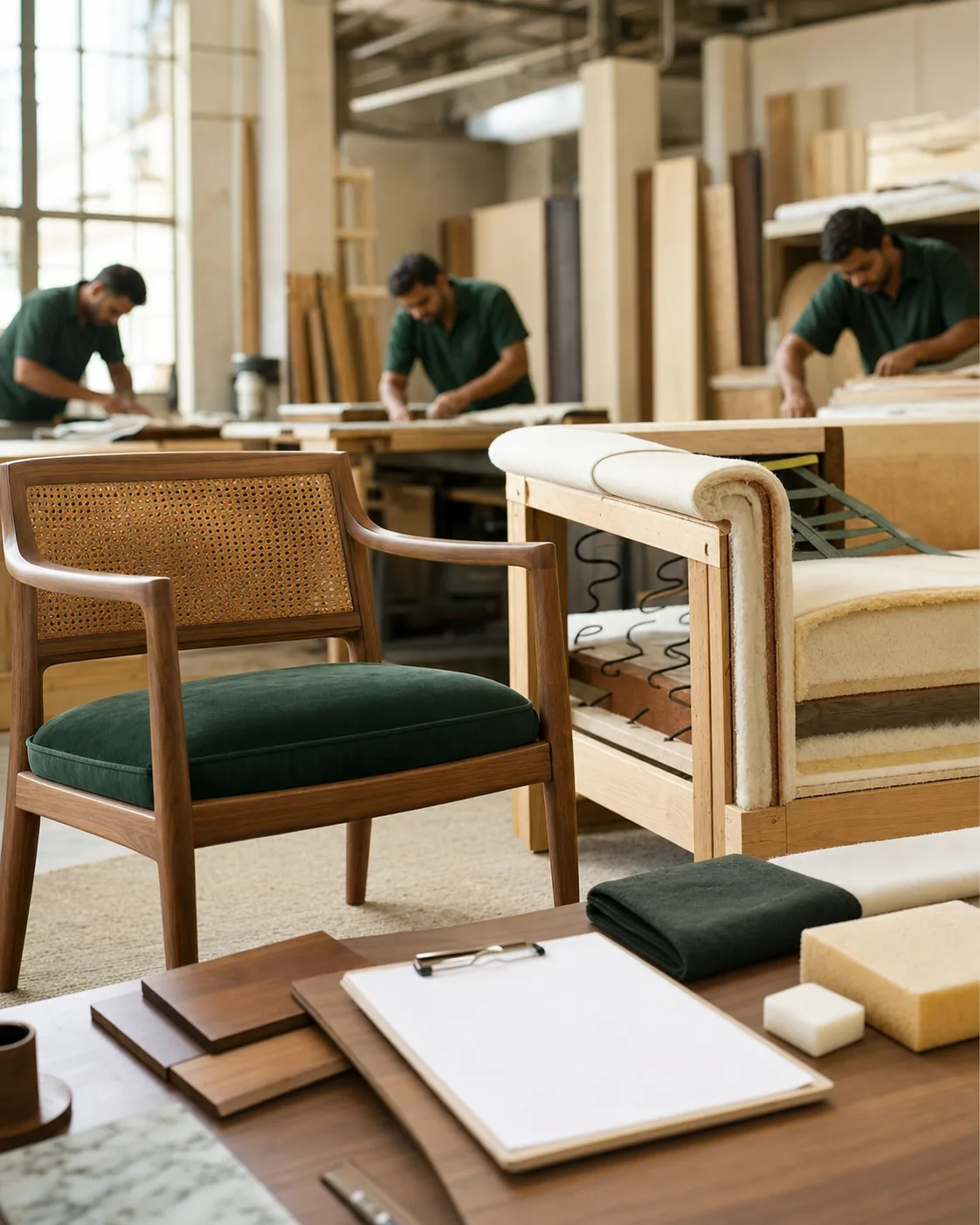 Furniture workshop material samples and finished teak chair for manufacturer comparison