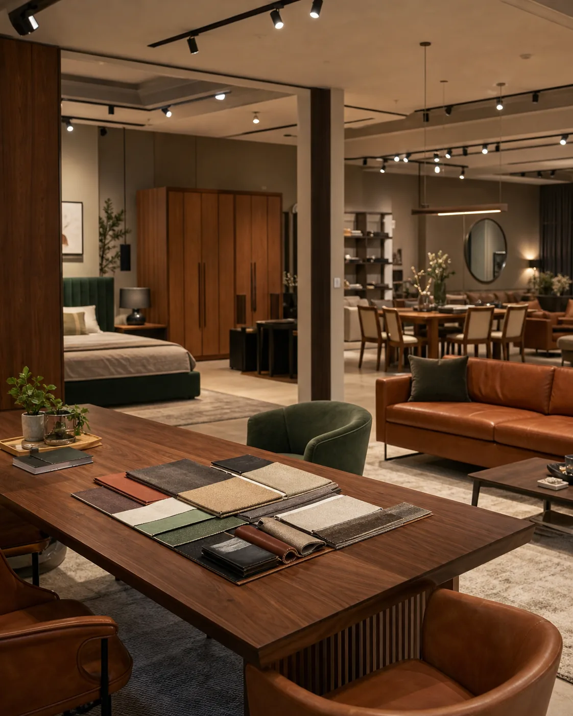 Premium Ahmedabad furniture showroom with styled room sets and fabric swatches